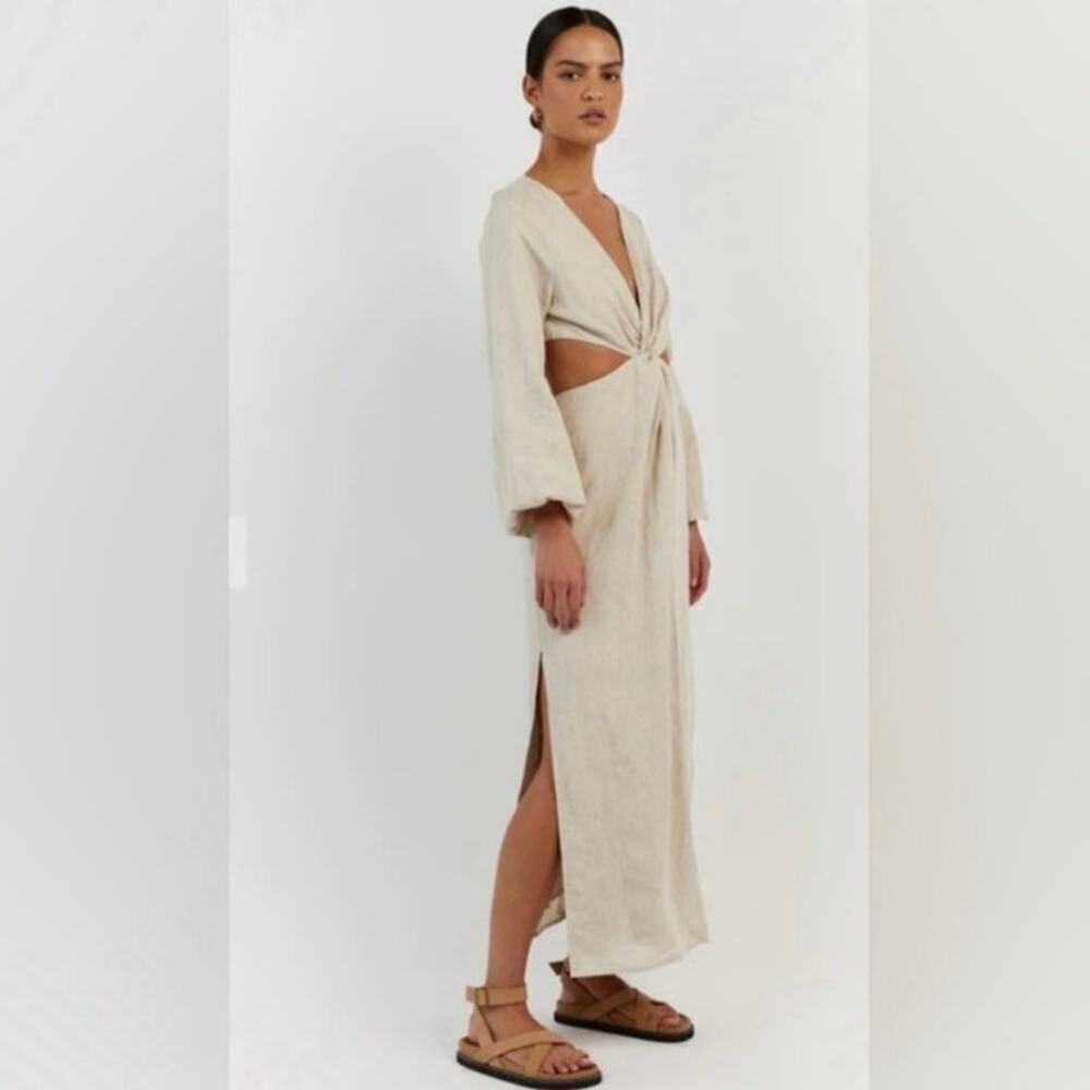 NWOT Dissh Tina Natural Linen Twist Midi Dress Beige Cutout Size 6 - Picture 2 of 11